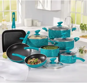 Montgomery Ward 13-Piece Speckled Granite Aluminum Cookware Set, Nonstick, Contains: Saucepans, Grill Pan, Skillets & Dutch Ovens, Teal