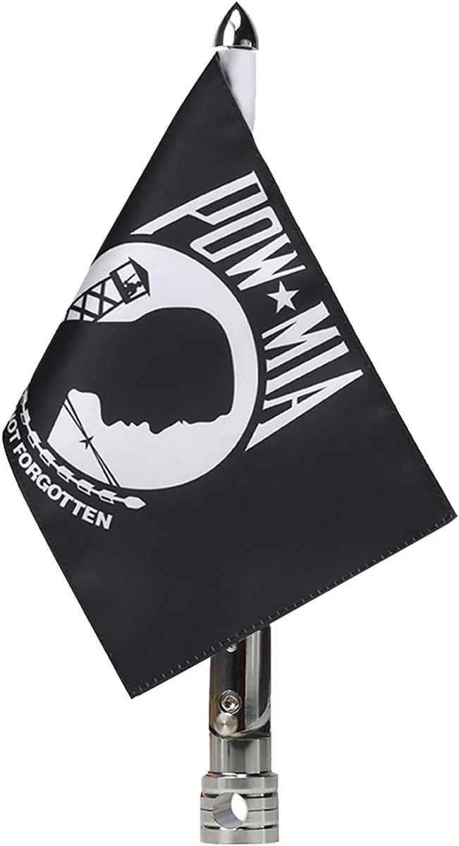 Motorcycle Flagpole Mount and Pow-mia Premium Double Sided Flag Foldable 90° Flag Pole Holder Bracket Fit for 1/2'' Round Tubular Luggage Rack Harley Touring Spring Honda Goldwing etc.