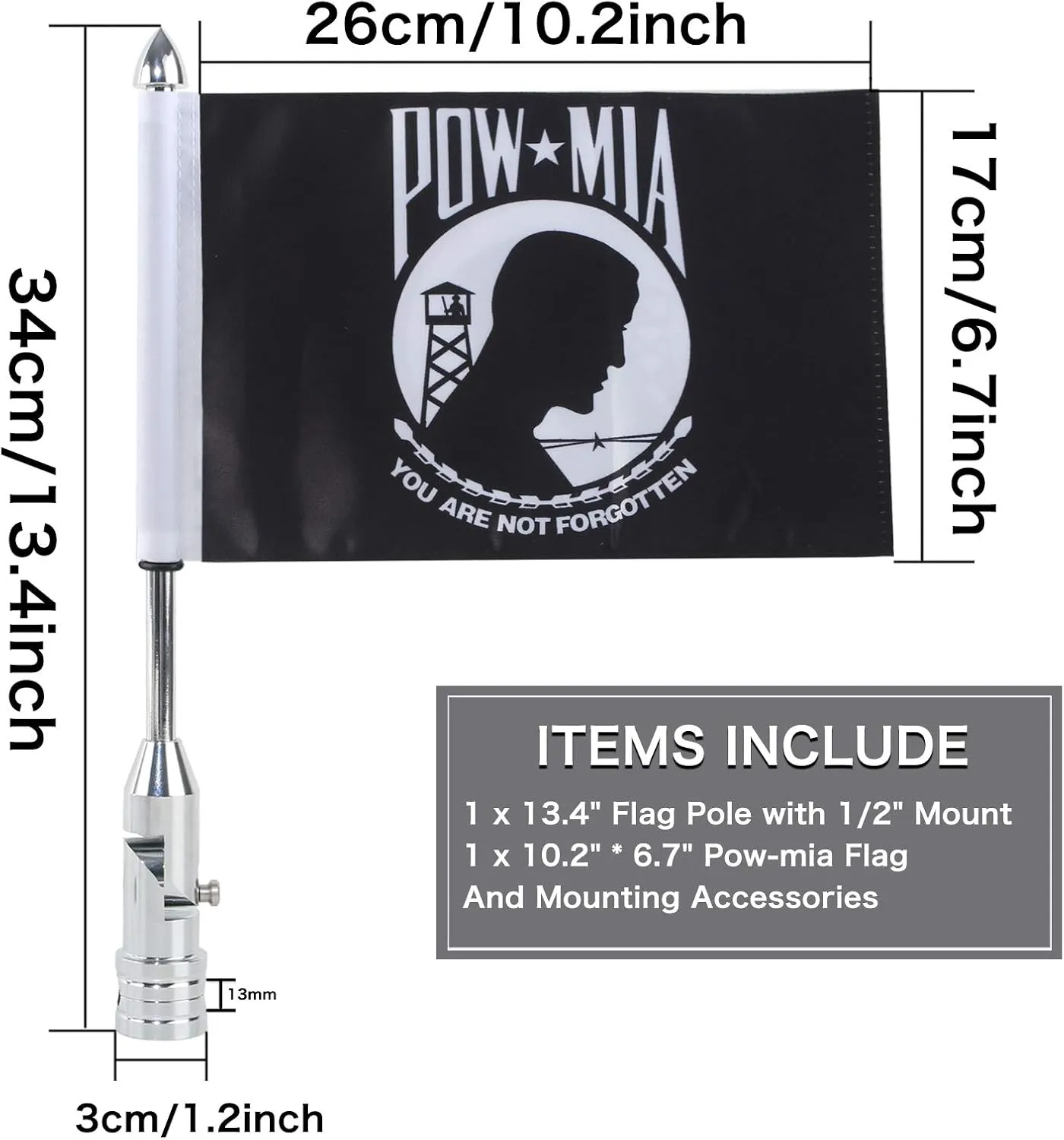 Motorcycle Flagpole Mount and Pow-mia Premium Double Sided Flag Foldable 90° Flag Pole Holder Bracket Fit for 1/2'' Round Tubular Luggage Rack Harley Touring Spring Honda Goldwing etc.