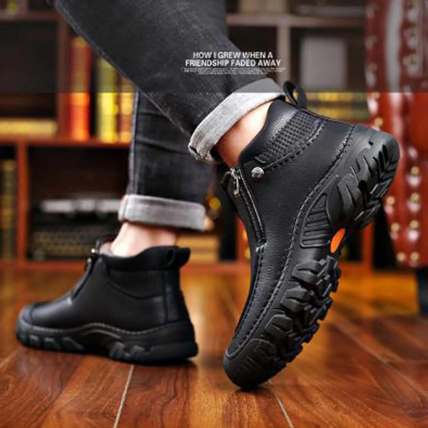 MOYOWEI Men's Winter Outdoor Hiking Waterproof Snow Boots,Round Toe Fleece Warm Mid Non-slip Trekking Zip Height Ankle Booties