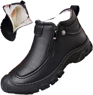 MOYOWEI Men's Winter Outdoor Hiking Waterproof Snow Boots,Round Toe Fleece Warm Mid Non-slip Trekking Zip Height Ankle Booties