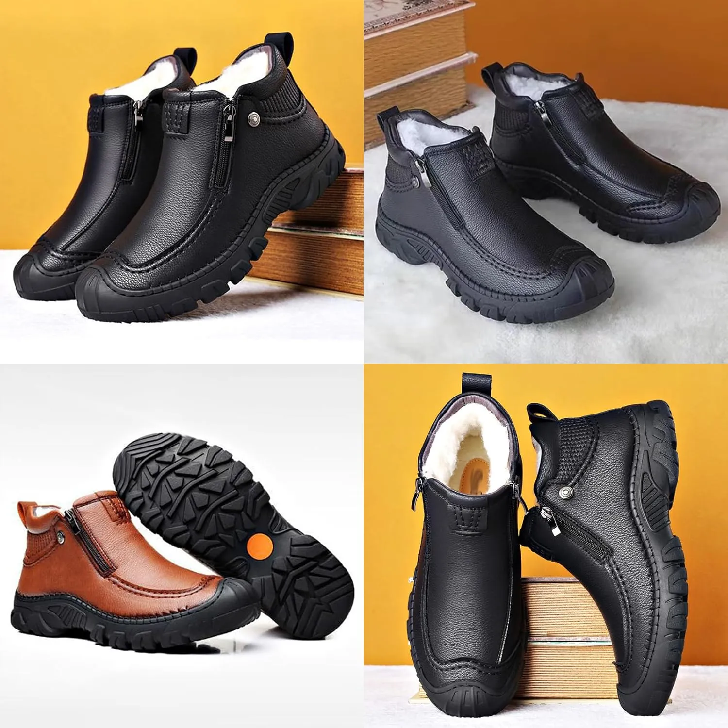 MOYOWEI Men's Winter Outdoor Hiking Waterproof Snow Boots,Round Toe Fleece Warm Mid Non-slip Trekking Zip Height Ankle Booties