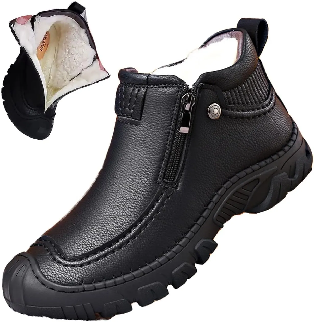 MOYOWEI Men's Winter Outdoor Hiking Waterproof Snow Boots,Round Toe Fleece Warm Mid Non-slip Trekking Zip Height Ankle Booties