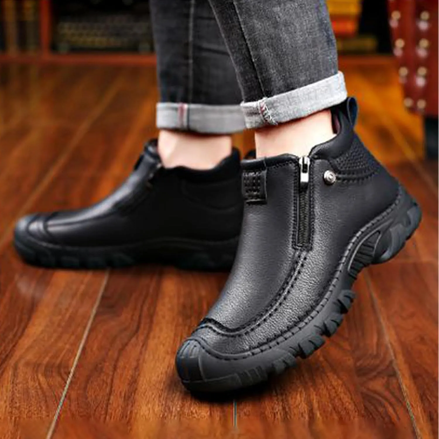 MOYOWEI Men's Winter Outdoor Hiking Waterproof Snow Boots,Round Toe Fleece Warm Mid Non-slip Trekking Zip Height Ankle Booties