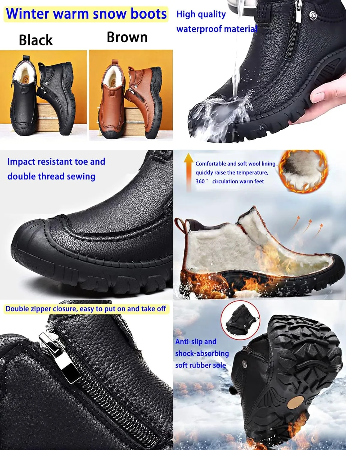MOYOWEI Men's Winter Outdoor Hiking Waterproof Snow Boots,Round Toe Fleece Warm Mid Non-slip Trekking Zip Height Ankle Booties