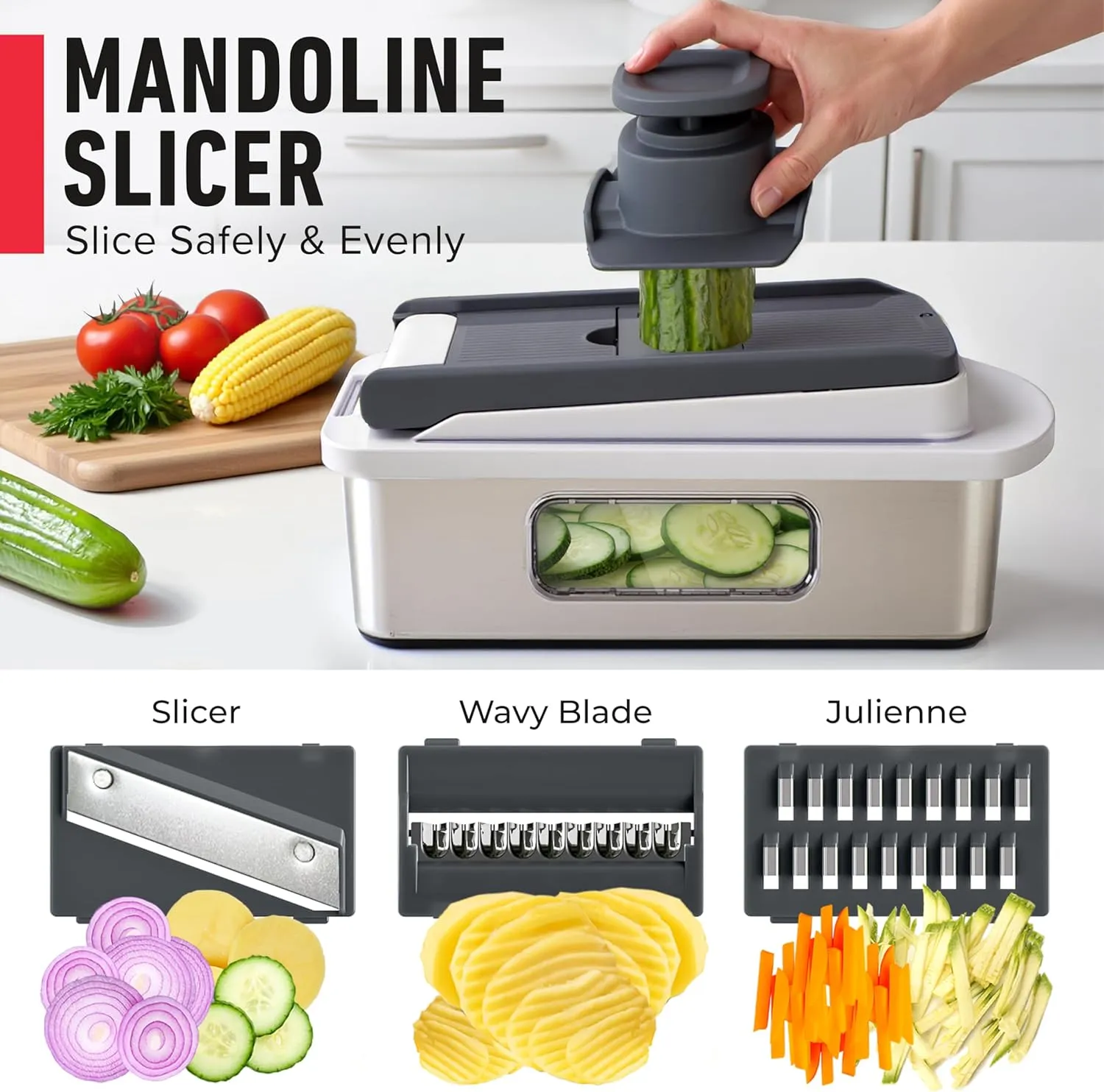 Mueller Pro-Series 10-in-1, 8 Blade Stainless Steel Multi Vegetable Chopper And Mandoline Slicer, Kitchen Accessories and Essentials, Food and Veggie Chopper, Mincer, Dicer, White Sand/Grey