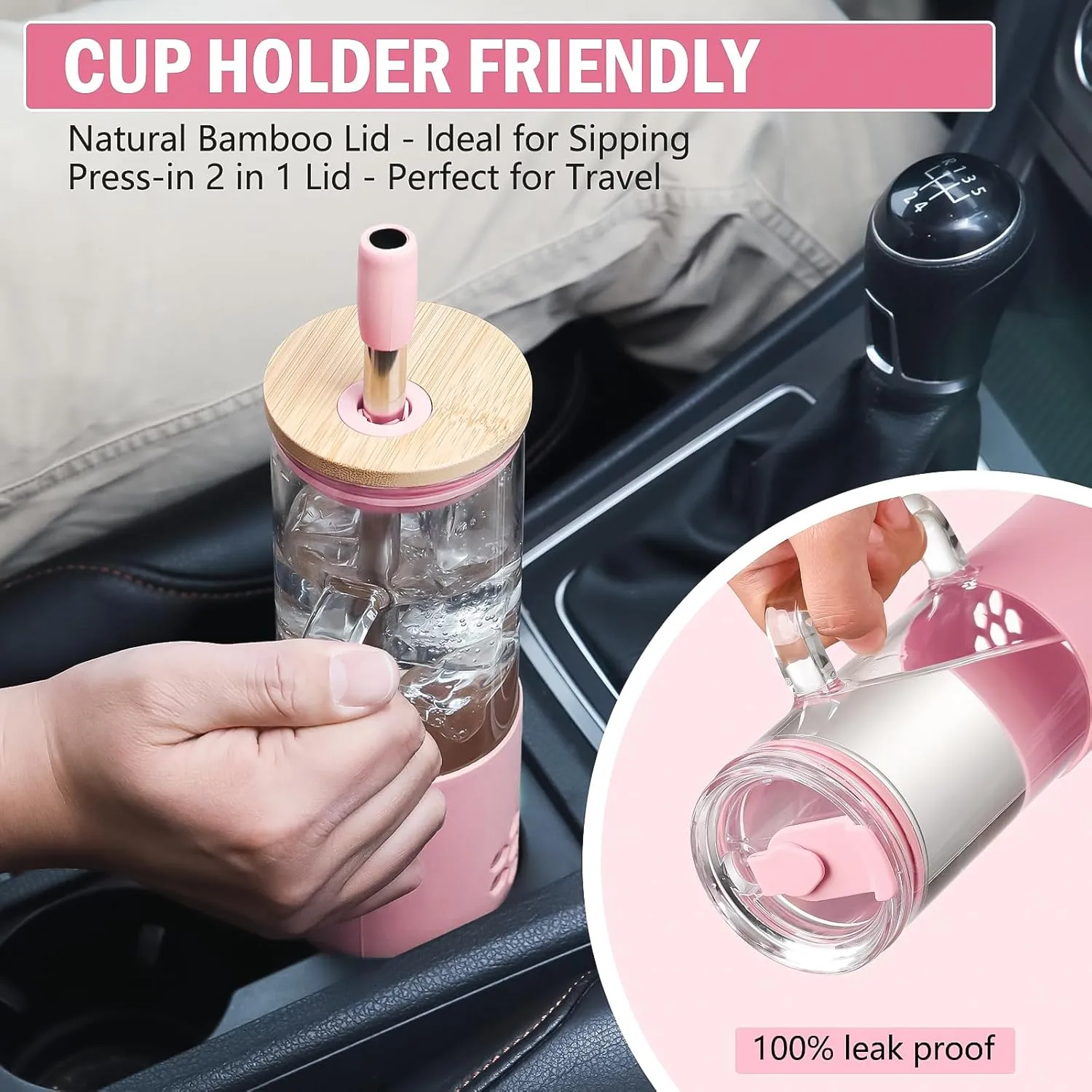 MUKOKO 20 oz Glass Tumbler with Handle and 2 Lids - Bamboo Lid & On the Go Lid, Glass Water Bottle with Straw, Pearl Milk Tea & Drinking Straw Smoothie Cups with Silicone Sleeve BPA Free - Pink