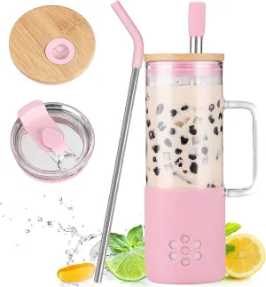 MUKOKO 20 oz Glass Tumbler with Handle and 2 Lids - Bamboo Lid & On the Go Lid, Glass Water Bottle with Straw, Pearl Milk Tea & Drinking Straw Smoothie Cups with Silicone Sleeve BPA Free - Pink