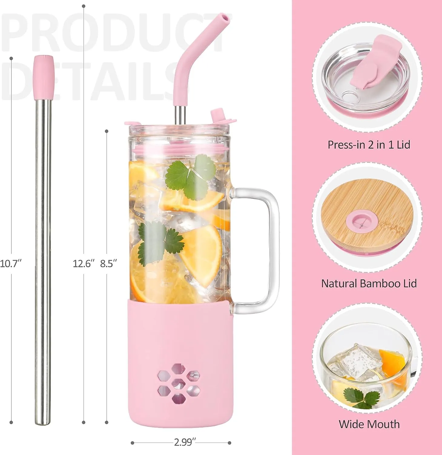 MUKOKO 20 oz Glass Tumbler with Handle and 2 Lids - Bamboo Lid & On the Go Lid, Glass Water Bottle with Straw, Pearl Milk Tea & Drinking Straw Smoothie Cups with Silicone Sleeve BPA Free - Pink