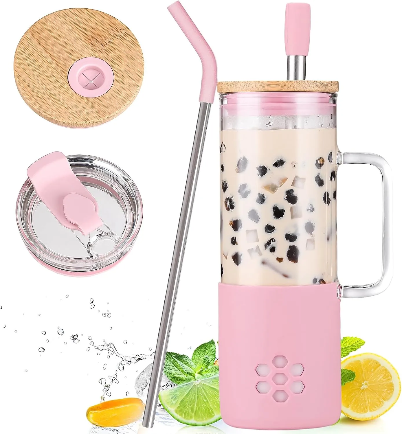 MUKOKO 20 oz Glass Tumbler with Handle and 2 Lids - Bamboo Lid & On the Go Lid, Glass Water Bottle with Straw, Pearl Milk Tea & Drinking Straw Smoothie Cups with Silicone Sleeve BPA Free - Pink