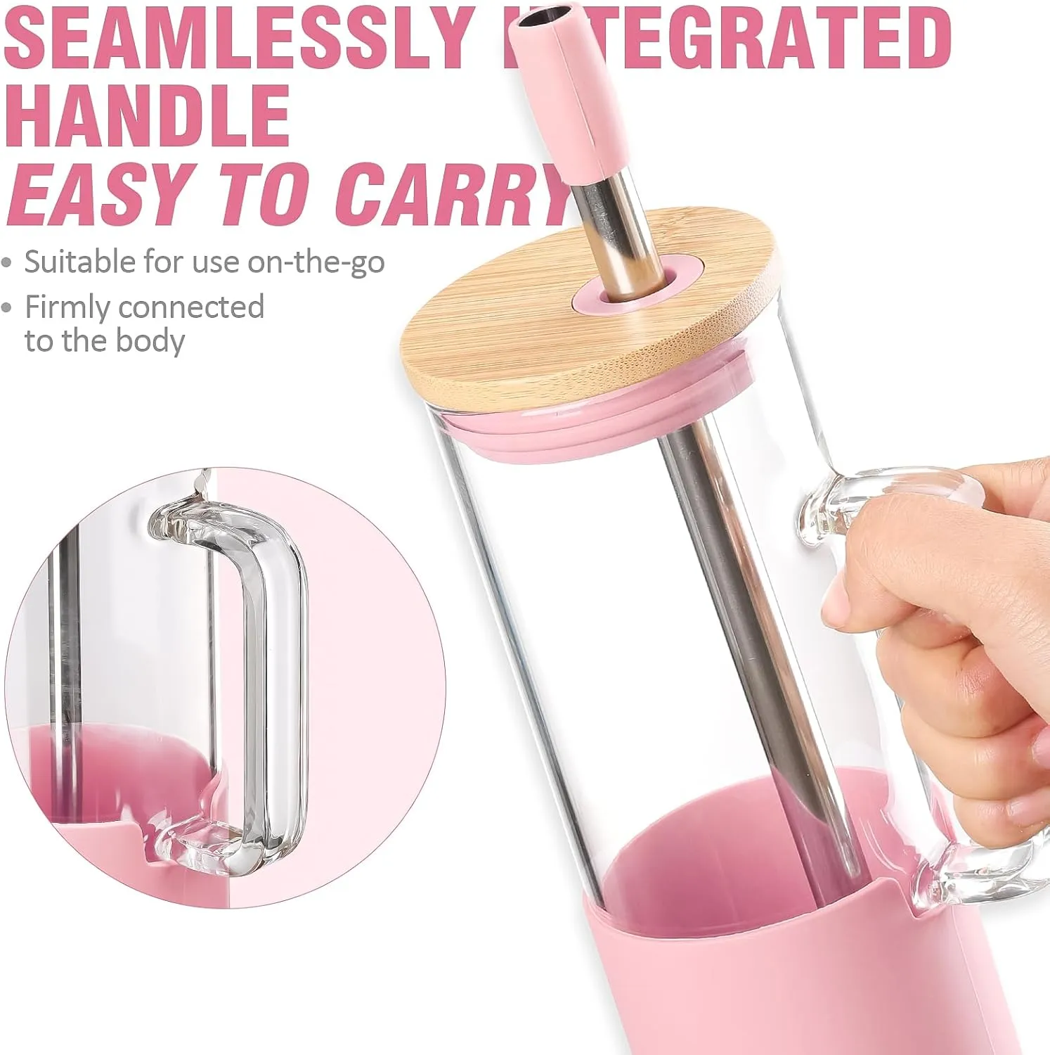 MUKOKO 20 oz Glass Tumbler with Handle and 2 Lids - Bamboo Lid & On the Go Lid, Glass Water Bottle with Straw, Pearl Milk Tea & Drinking Straw Smoothie Cups with Silicone Sleeve BPA Free - Pink
