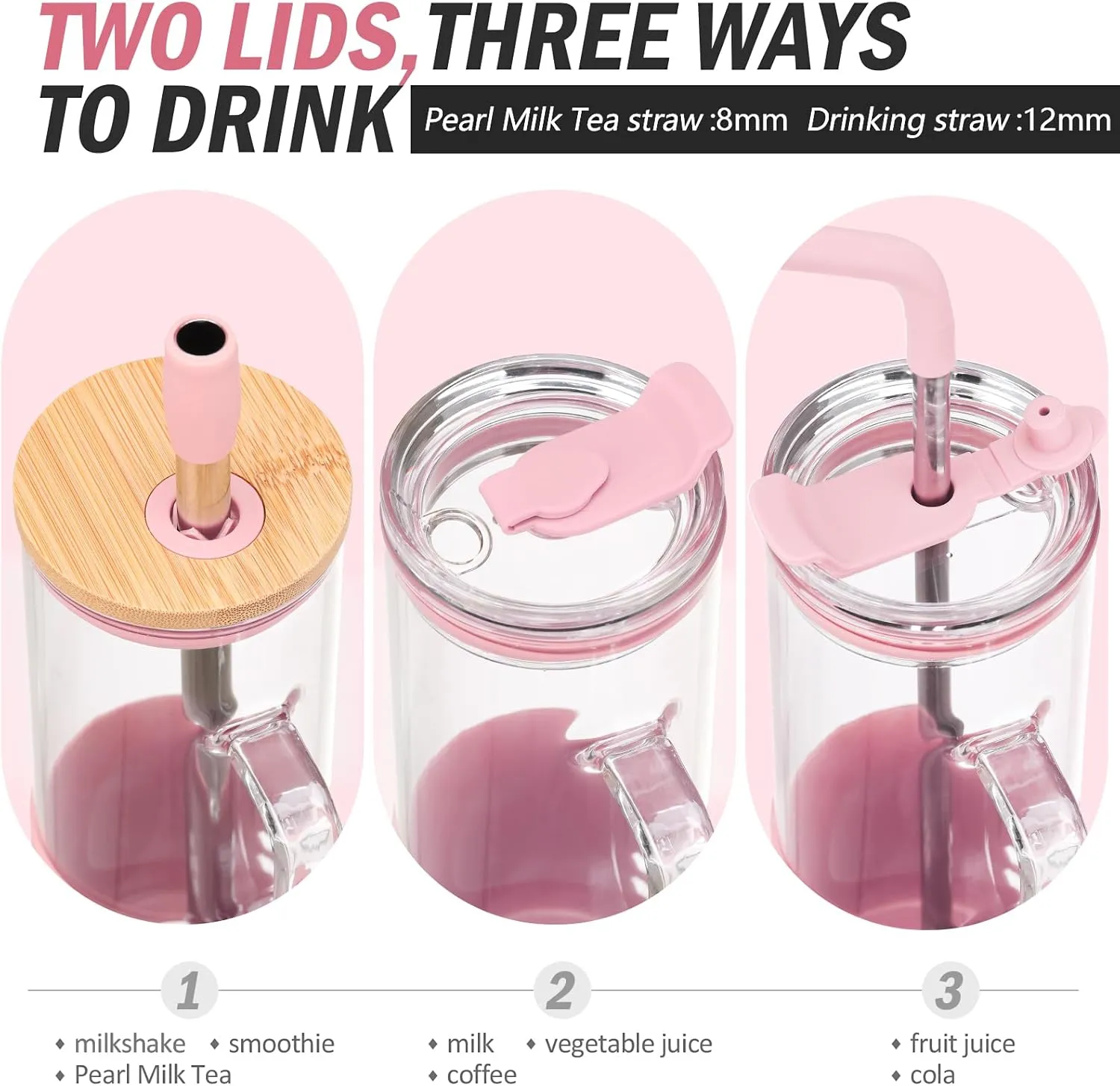 MUKOKO 20 oz Glass Tumbler with Handle and 2 Lids - Bamboo Lid & On the Go Lid, Glass Water Bottle with Straw, Pearl Milk Tea & Drinking Straw Smoothie Cups with Silicone Sleeve BPA Free - Pink