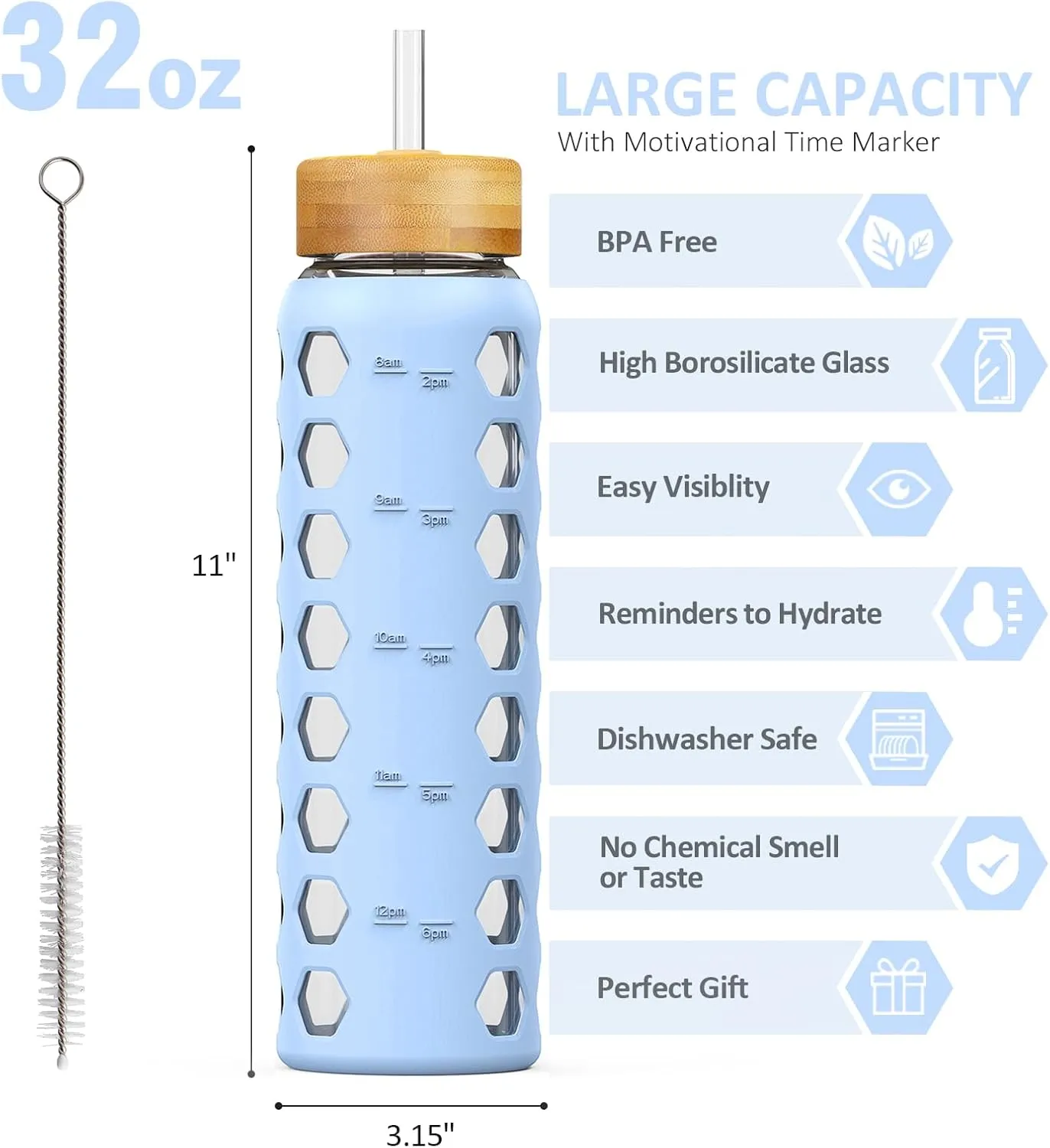 MUKOKO Glass Water Bottles,32oz Glass Tumbler with Straw,Drinking Bottles with 2 Lids-Handle Spout Lid&Bamboo Straw Lid,Motivational Water Bottle with Time Marker and Silicone Sleeve,1 Pack-Glacier