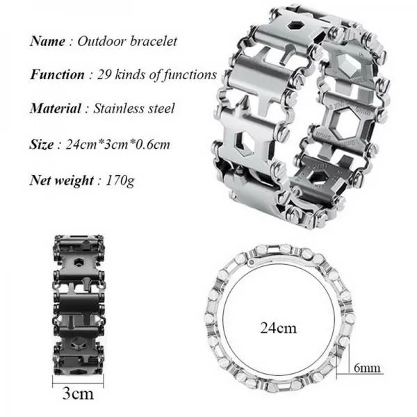 Multifunctional Bracelet Stainless 29 Functions Screwdriver Tool for Sailing/Travel/Camping /Hiking Outdoor/Emergency Kit - Silver