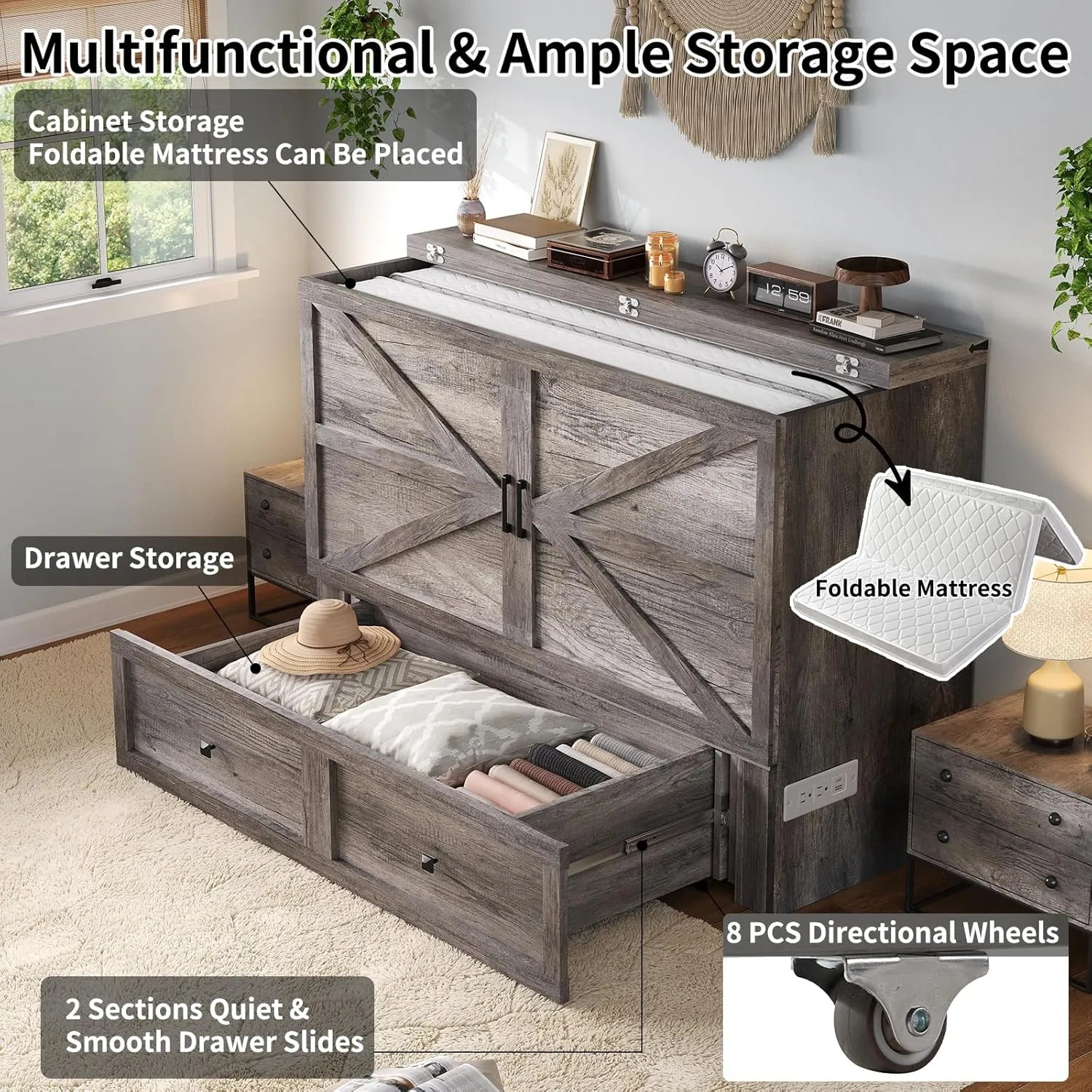 Murphy Bed Queen Size Cabinet Bed with Charging Station, Large Storage Drawer for Home Office or Small Room, Hideaway Bed Full Foldable Platform Bed, Rustic Grey