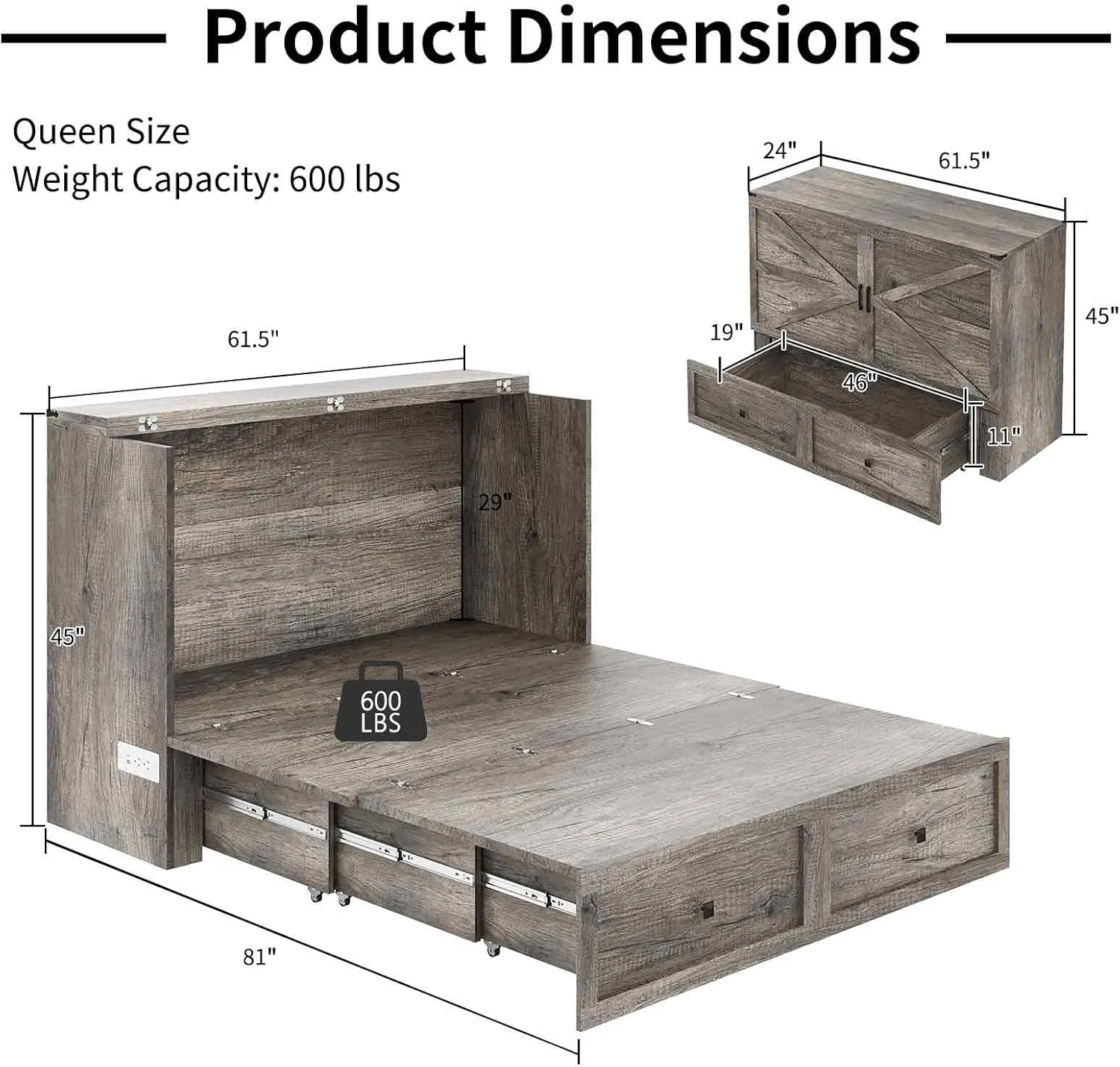 Murphy Bed Queen Size Cabinet Bed with Charging Station, Large Storage Drawer for Home Office or Small Room, Hideaway Bed Full Foldable Platform Bed, Rustic Grey