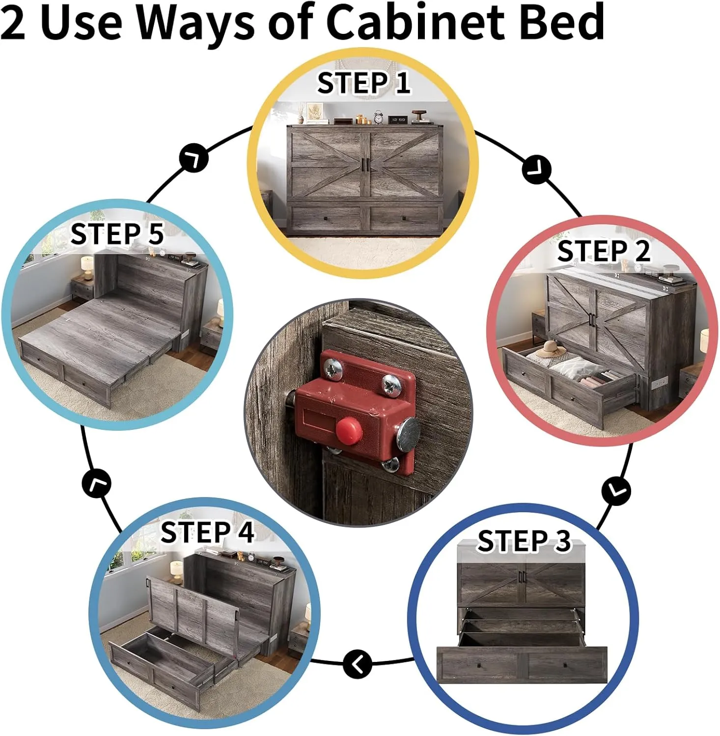 Murphy Bed Queen Size Cabinet Bed with Charging Station, Large Storage Drawer for Home Office or Small Room, Hideaway Bed Full Foldable Platform Bed, Rustic Grey