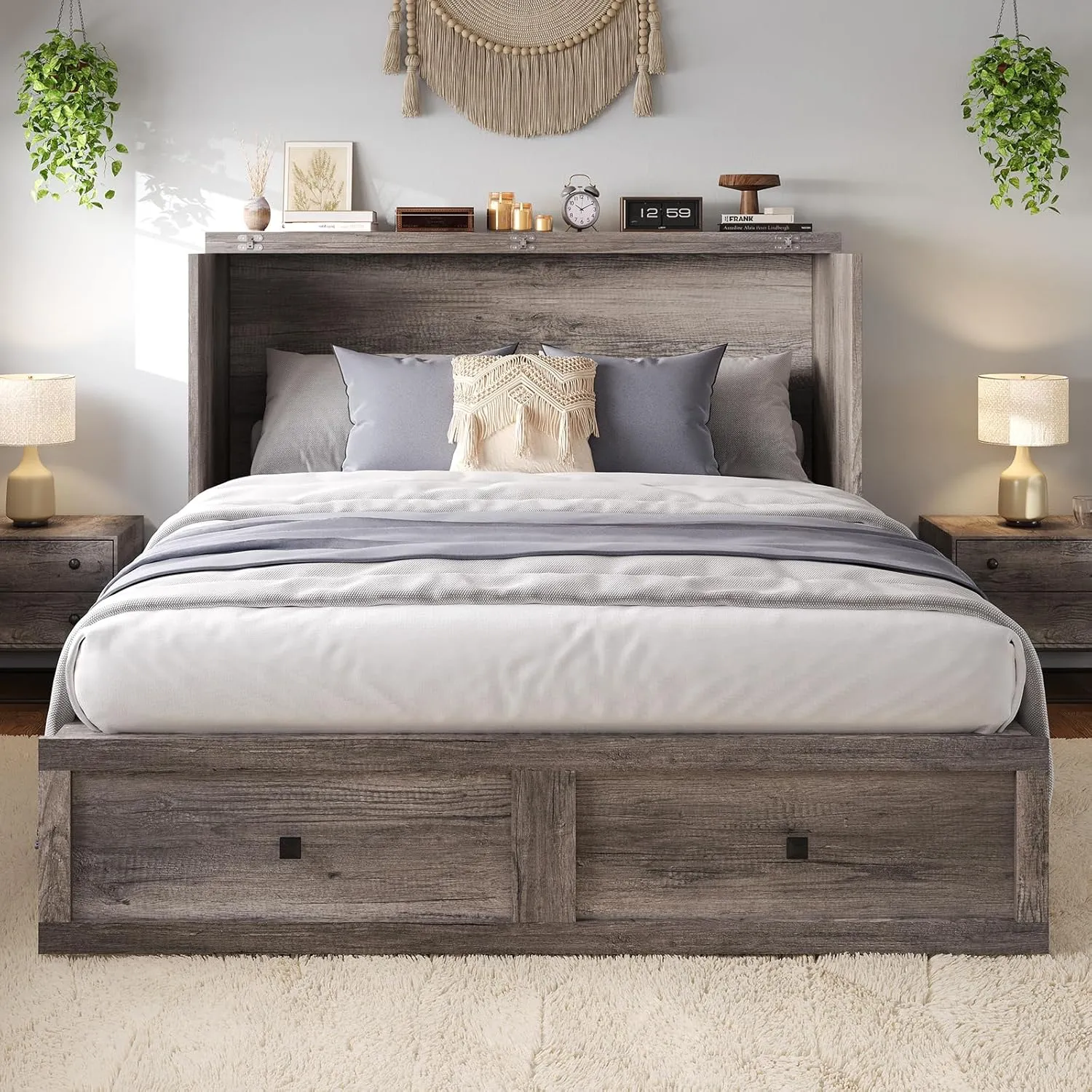 Murphy Bed Queen Size Cabinet Bed with Charging Station, Large Storage Drawer for Home Office or Small Room, Hideaway Bed Full Foldable Platform Bed, Rustic Grey