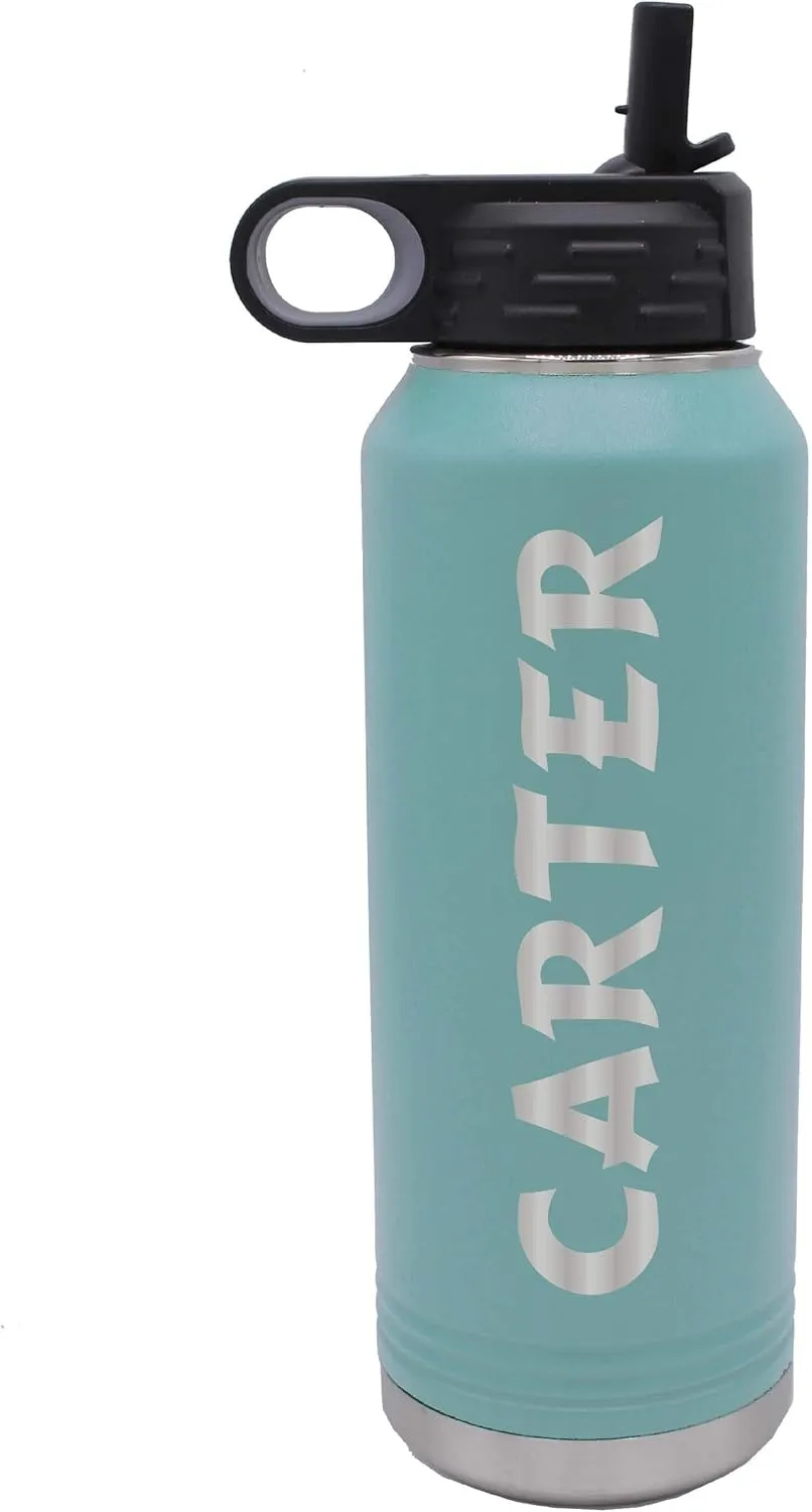 My Personal Memories Custom Personalized Premium 32 oz Vacuum Insulated Powder Coated Stainless Steel Sports Water Bottle with Straw for Workouts, Yoga, Gym, Office, Work, Women, Men (Carolina Blue)