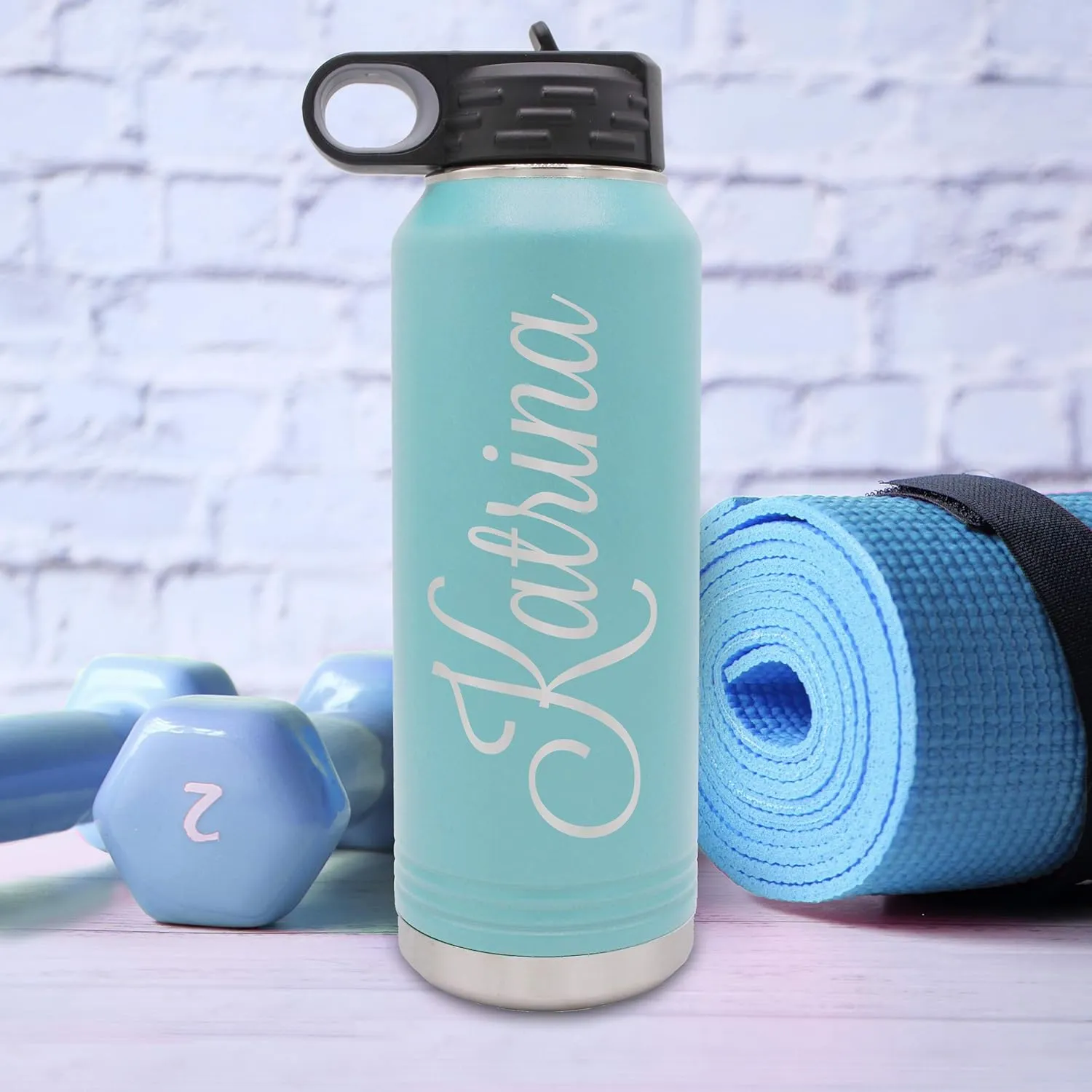 My Personal Memories Custom Personalized Premium 32 oz Vacuum Insulated Powder Coated Stainless Steel Sports Water Bottle with Straw for Workouts, Yoga, Gym, Office, Work, Women, Men (Carolina Blue)
