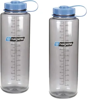 Nalgene Silo 48oz Tritan Grey W/Blue Top Wide Mouth Bottle, 2 Bottle Pack, 11.3 Inches Tall by 3.5 Inches in Diameter
