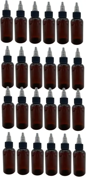 Natural Farms 2 oz Plastic Amber Boston BPA FREE - Boston Bottles - 24 Pack Empty Refillable Containers - Essential Oils - Hair - Black/Natural Twist Open/Close Cap - Made in the USA