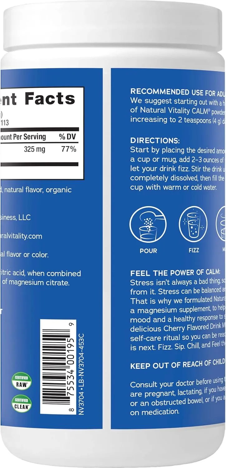 Natural Vitality Calm, Magnesium Supplement, Anti-Stress Drink Mix Powder, Gluten Free, Vegan, & Non-GMO, Cherry, 16 oz