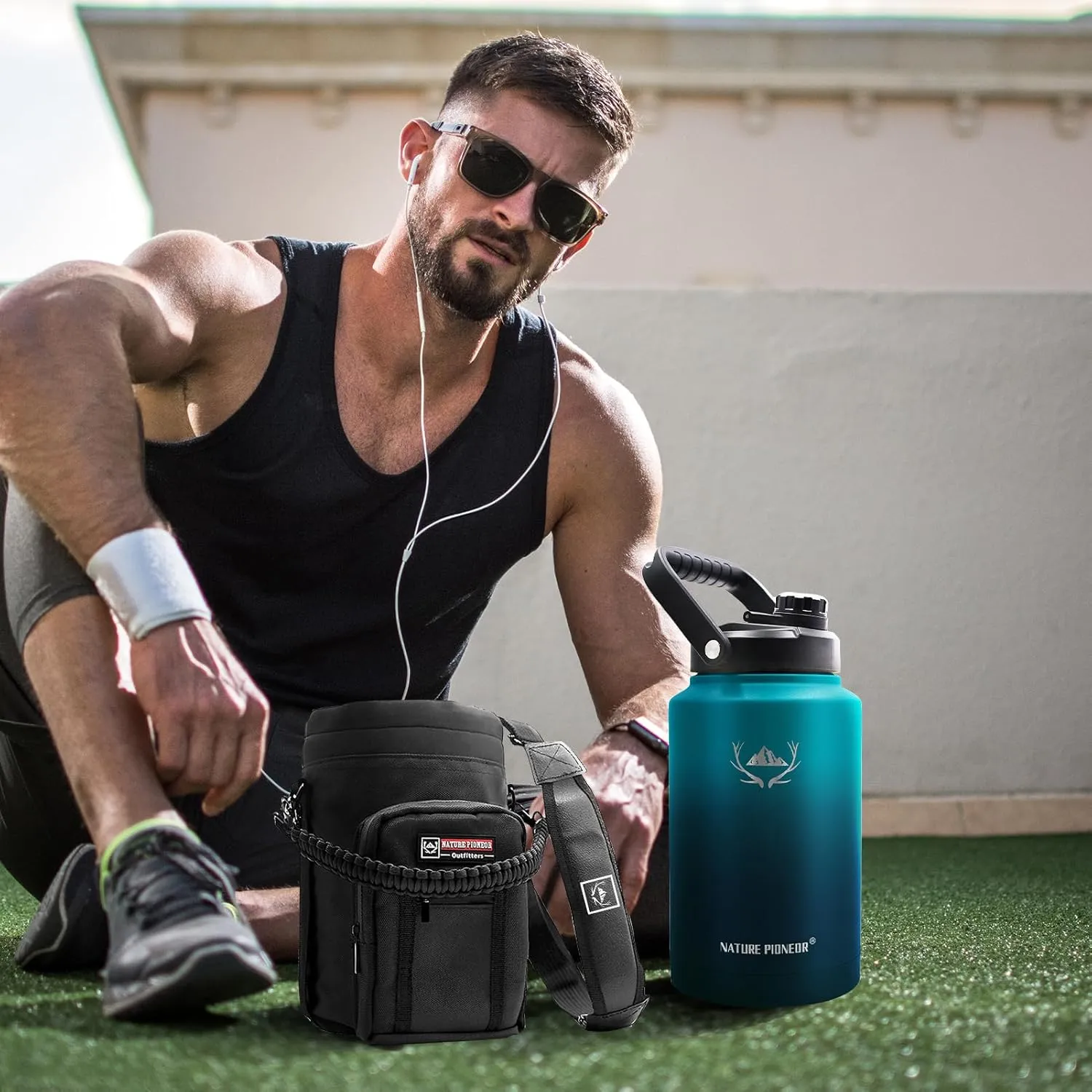NATURE PIONEOR Insulated Water Bottles with Strap - 128 oz Stainless Steel Vacuum Bottle with Holder/Carrier/Sleeve - Reusable 18/8 Food Grade Thermos Water Jug
