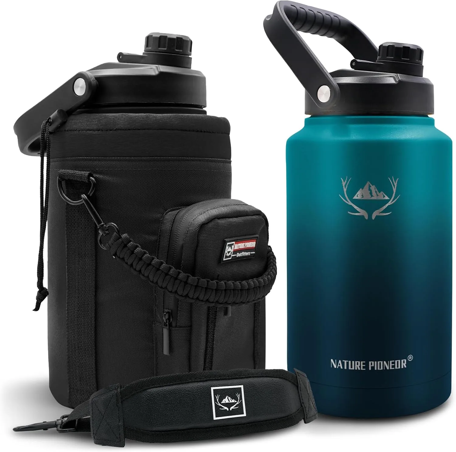 NATURE PIONEOR Insulated Water Bottles with Strap - 128 oz Stainless Steel Vacuum Bottle with Holder/Carrier/Sleeve - Reusable 18/8 Food Grade Thermos Water Jug