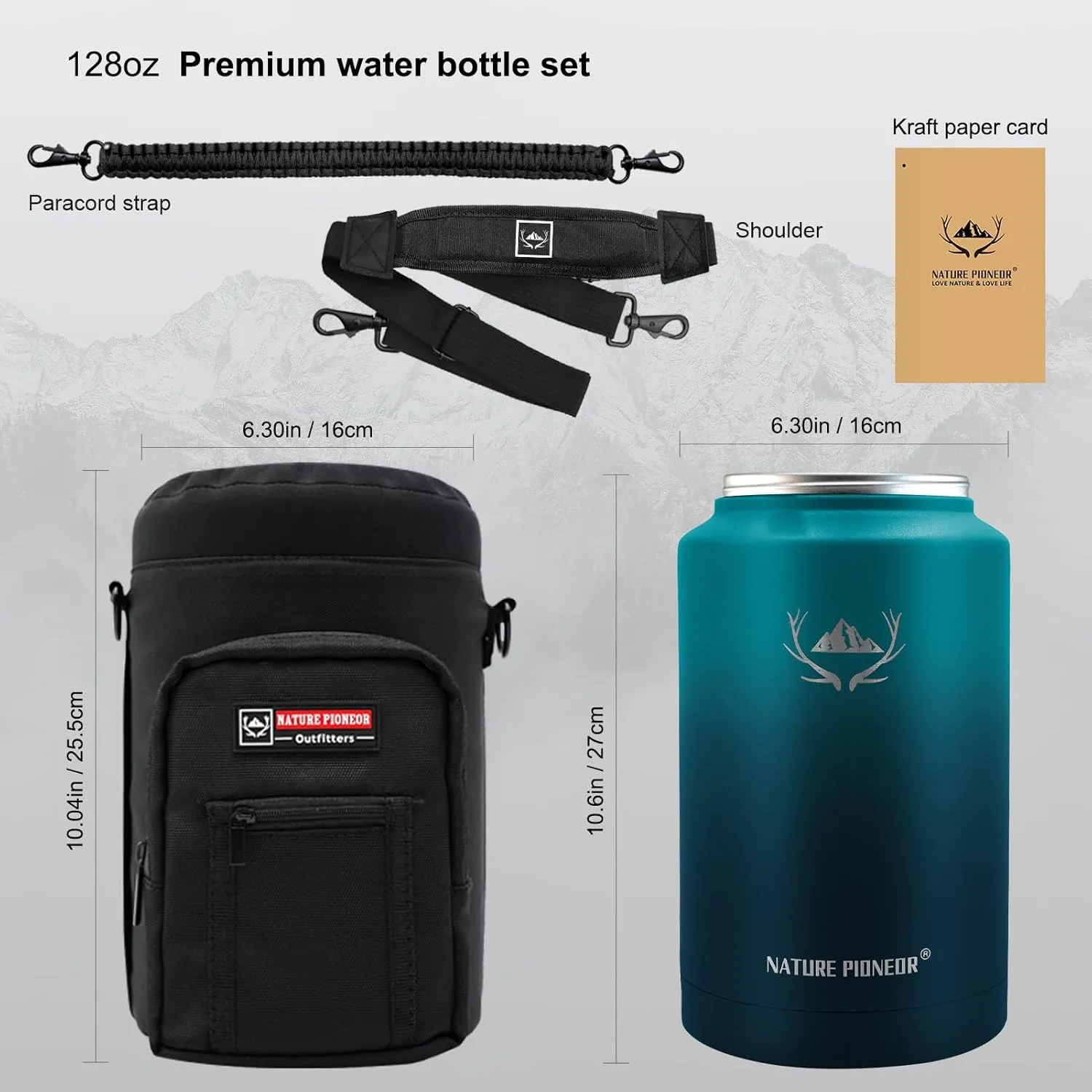 NATURE PIONEOR Insulated Water Bottles with Strap - 128 oz Stainless Steel Vacuum Bottle with Holder/Carrier/Sleeve - Reusable 18/8 Food Grade Thermos Water Jug
