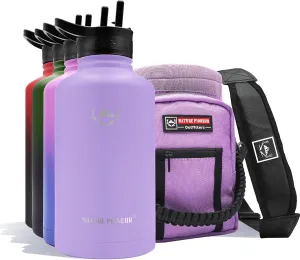 NATURE PIONEOR Insulated Water Bottles with Straw - 64oz Stainless Steel Vacuum Bottle with Holder/Carrier/Sleeve - Reusable 18/8 Food Grade Thermos Water Jug