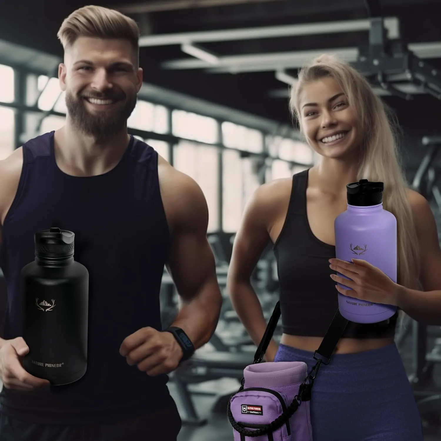 NATURE PIONEOR Insulated Water Bottles with Straw - 64oz Stainless Steel Vacuum Bottle with Holder/Carrier/Sleeve - Reusable 18/8 Food Grade Thermos Water Jug