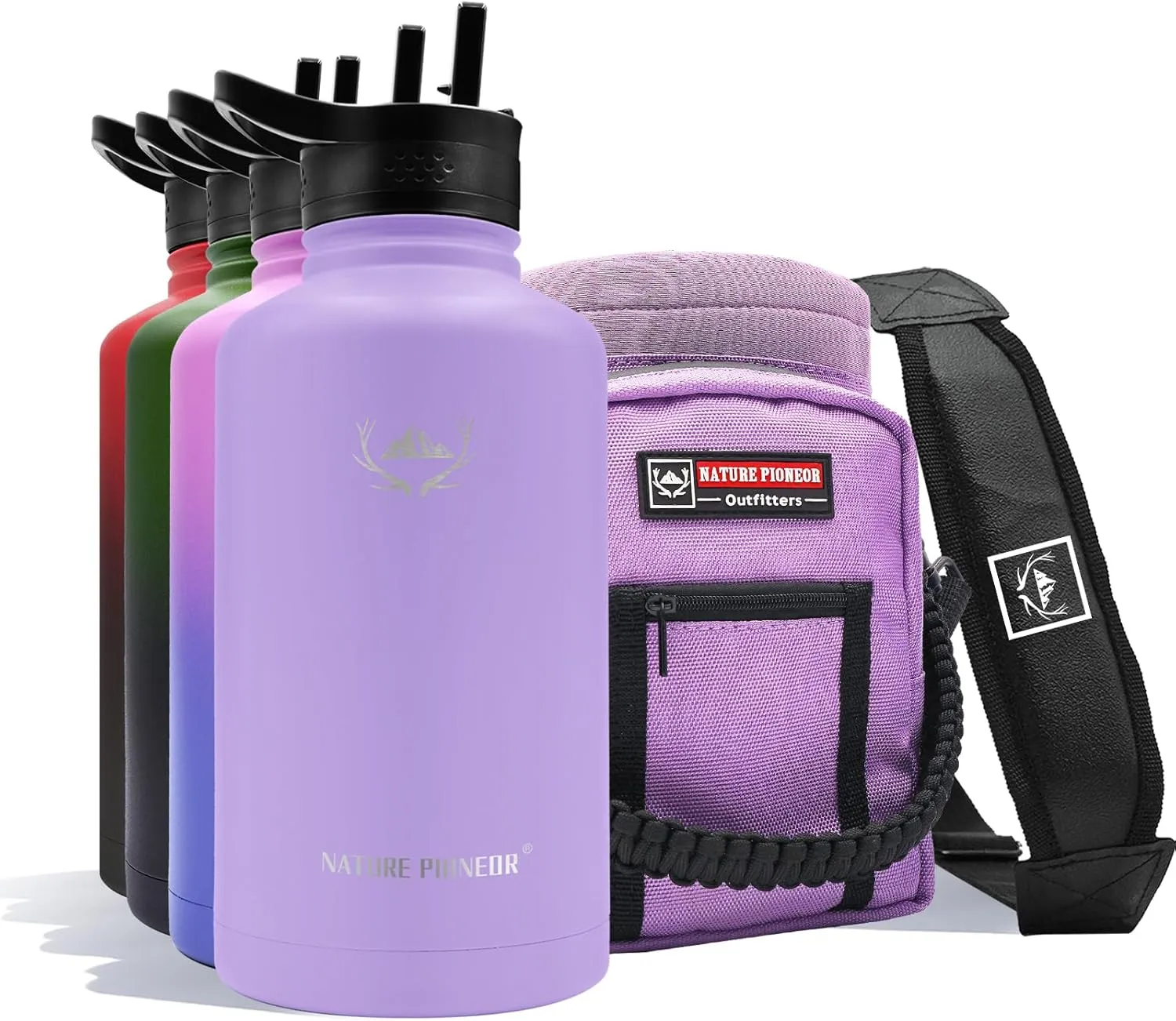 NATURE PIONEOR Insulated Water Bottles with Straw - 64oz Stainless Steel Vacuum Bottle with Holder/Carrier/Sleeve - Reusable 18/8 Food Grade Thermos Water Jug