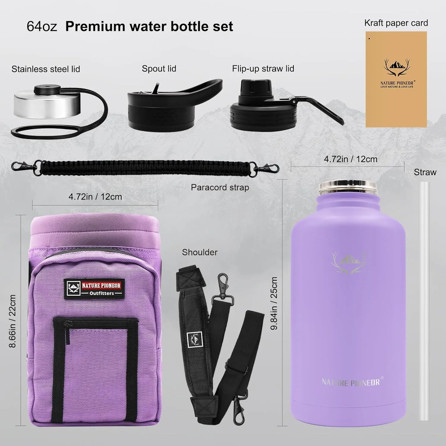 NATURE PIONEOR Insulated Water Bottles with Straw - 64oz Stainless Steel Vacuum Bottle with Holder/Carrier/Sleeve - Reusable 18/8 Food Grade Thermos Water Jug