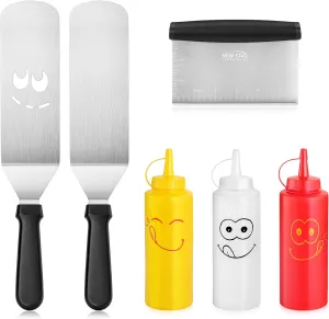 New Star Foodservice 7006865 Stainless Steel BBQ/Griddle Utensils & Accessories Tool Set, 6-Piece Set Includes Spatulas, Dough Scraper with Measurements, & Squeeze Bottle Set
