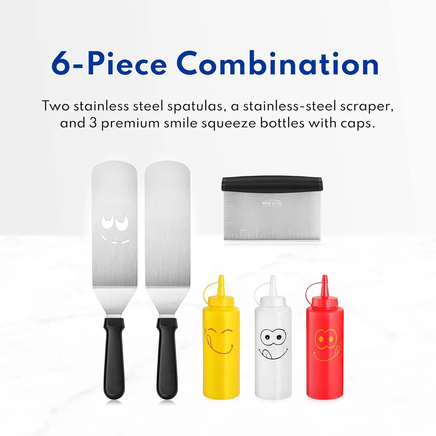 New Star Foodservice 7006865 Stainless Steel BBQ/Griddle Utensils & Accessories Tool Set, 6-Piece Set Includes Spatulas, Dough Scraper with Measurements, & Squeeze Bottle Set