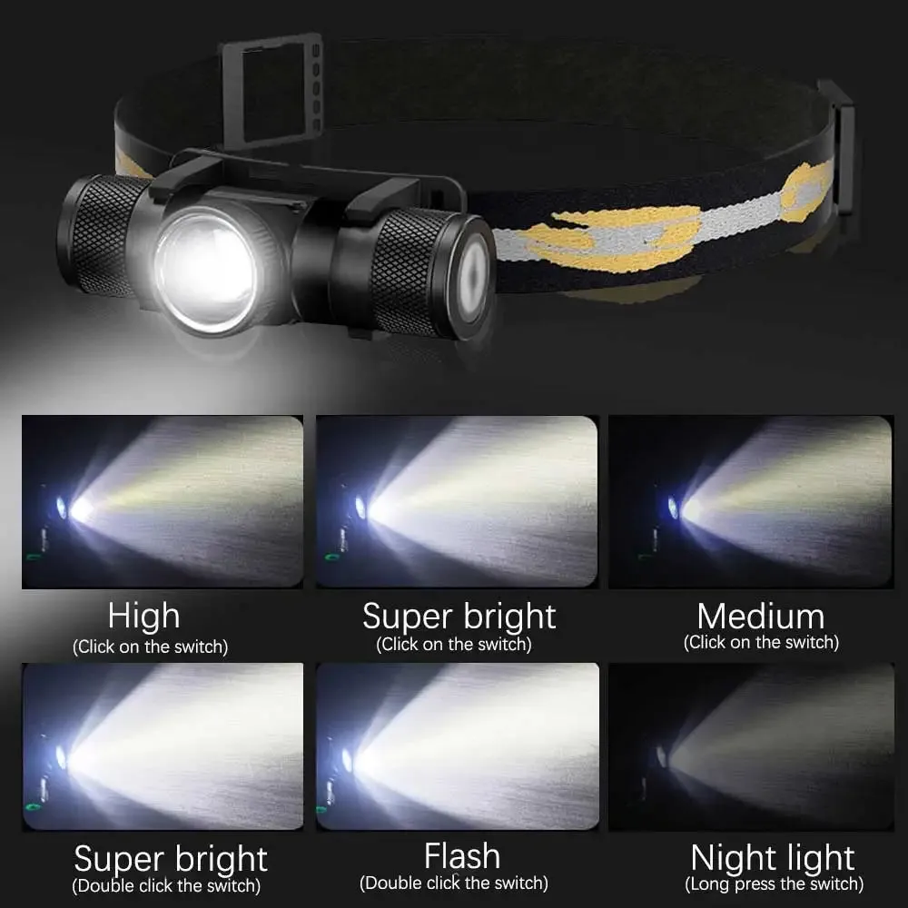 Newest LED Headlamp High Power 18650 Rechargeable USB-C Torch for Camping & Hunting