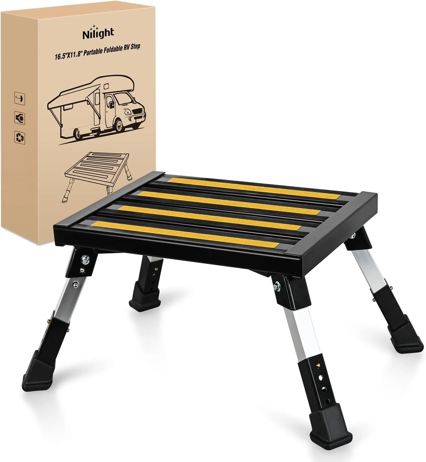 Nilight RV Steps Folding Aluminum Step Stool Heavy Duty Camper Steps, 16.5"x12" Surface, 4 Levels Adjustable Height Portable Platform Step Anti-Slip Rubber Feet Supports Up to 500lbs for Camper,Black