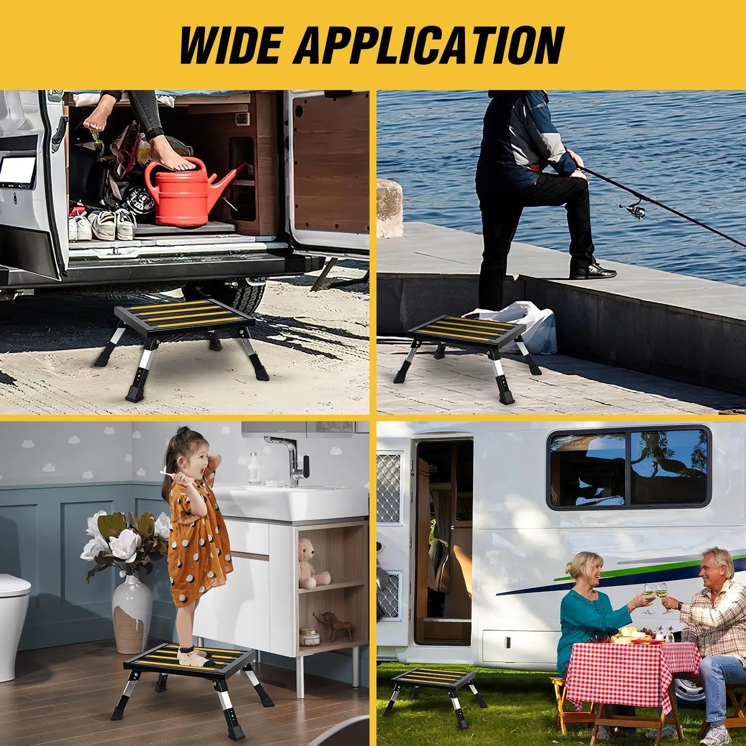 Nilight RV Steps Folding Aluminum Step Stool Heavy Duty Camper Steps, 16.5"x12" Surface, 4 Levels Adjustable Height Portable Platform Step Anti-Slip Rubber Feet Supports Up to 500lbs for Camper,Black