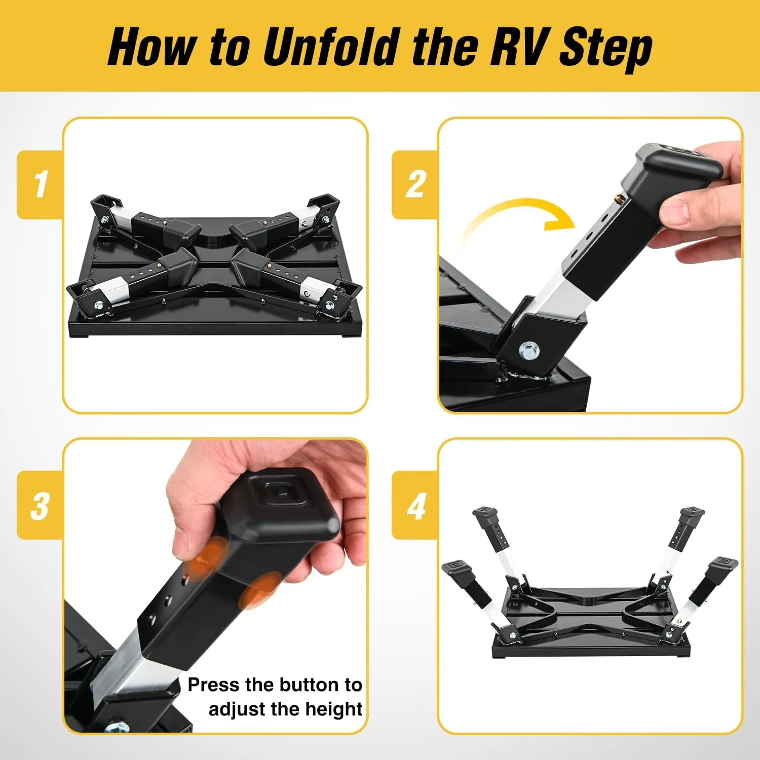 Nilight RV Steps Folding Aluminum Step Stool Heavy Duty Camper Steps, 16.5"x12" Surface, 4 Levels Adjustable Height Portable Platform Step Anti-Slip Rubber Feet Supports Up to 500lbs for Camper,Black