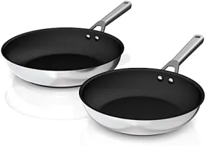 Ninja C62200 Foodi NeverStick Stainless 10.25-Inch & 12-Inch Fry Pan Set, Polished Stainless-Steel Exterior, Nonstick, Durable & Oven Safe to 500°F, Silver