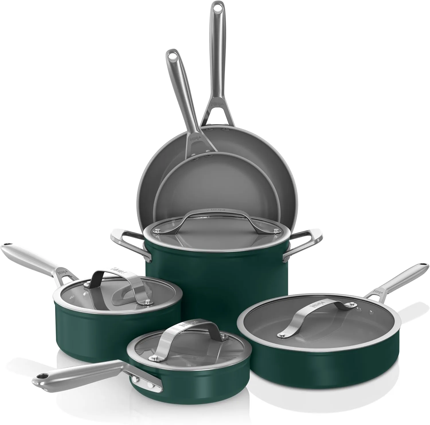 Ninja Ceramic Pro 10-Piece Cookware Set, Non-Stick Pots & Pans Set with Glass Lids, PTFE Free, Ceramic Coated, Oven Safe, All Stovetops & Induction Compatible, British Racing Green, CW39010GN