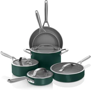 Ninja Ceramic Pro 10-Piece Cookware Set, Non-Stick Pots & Pans Set with Glass Lids, PTFE Free, Ceramic Coated, Oven Safe, All Stovetops & Induction Compatible, British Racing Green, CW39010GN