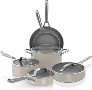 Ninja Ceramic Pro 10-Piece Cookware Set, Non-Stick Pots & Pans Set with Glass Lids, PTFE Free, Ceramic Coated, Oven Safe, All Stovetops & Induction Compatible, Stone, CW39010ST
