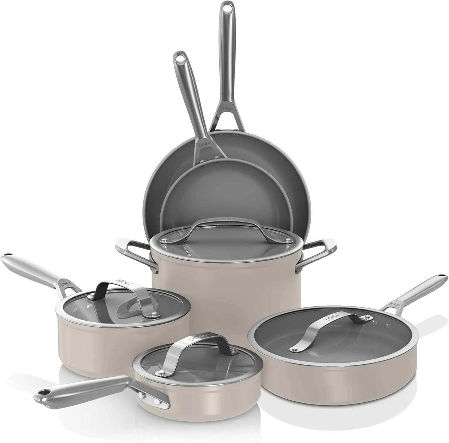Ninja Ceramic Pro 10-Piece Cookware Set, Non-Stick Pots & Pans Set with Glass Lids, PTFE Free, Ceramic Coated, Oven Safe, All Stovetops & Induction Compatible, Stone, CW39010ST