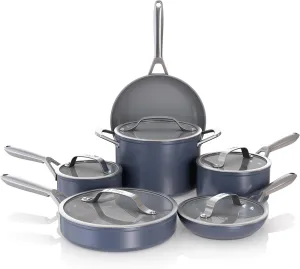 Ninja Ceramic Pro 11-Piece Cookware Set, Non-Stick Pots & Pans Set with Glass Lids, PTFE Free, Ceramic Coated, Oven Safe, All Stovetops & Induction Compatible, Midnight Blue, CW39011MM
