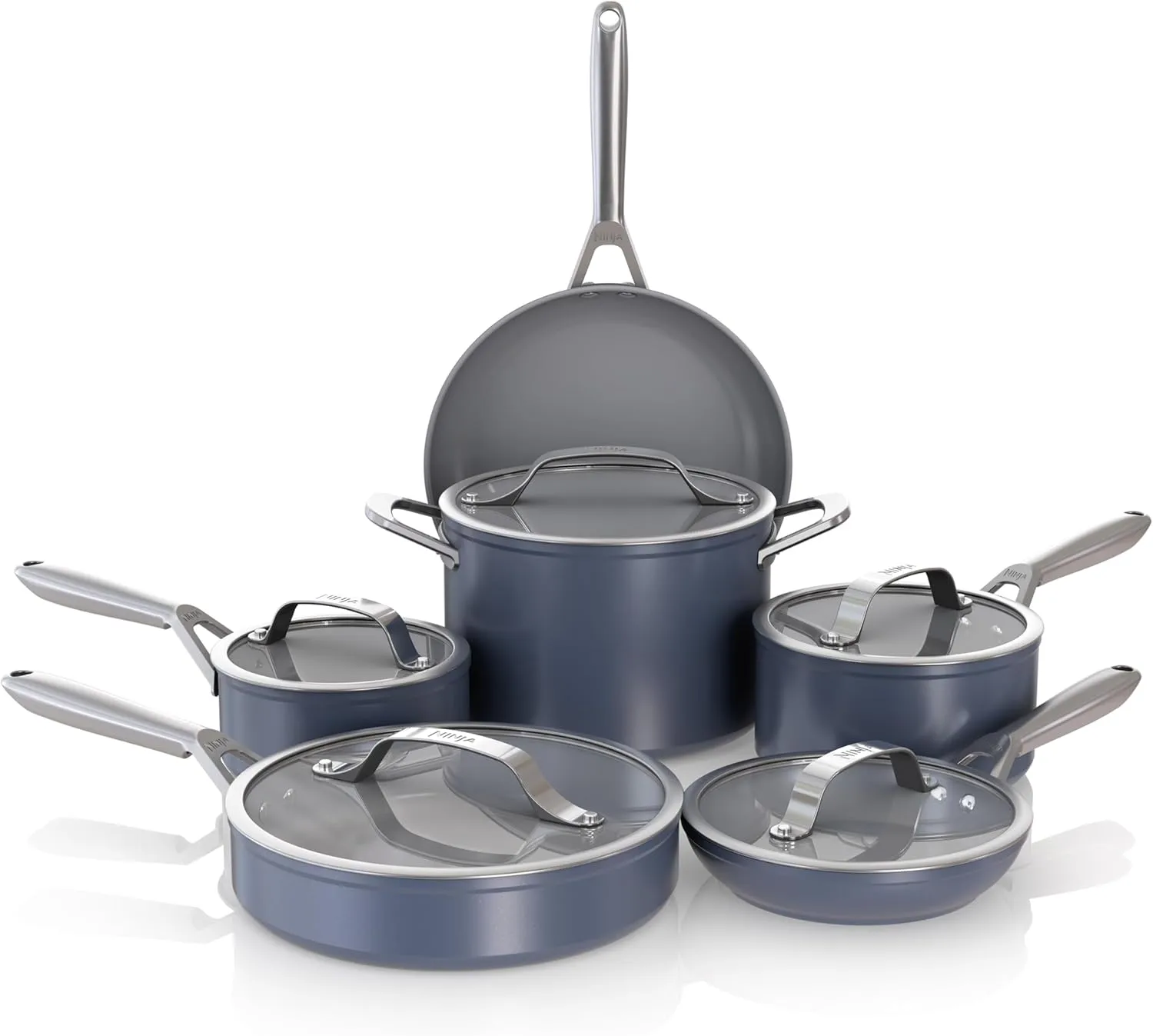 Ninja Ceramic Pro 11-Piece Cookware Set, Non-Stick Pots & Pans Set with Glass Lids, PTFE Free, Ceramic Coated, Oven Safe, All Stovetops & Induction Compatible, Midnight Blue, CW39011MM