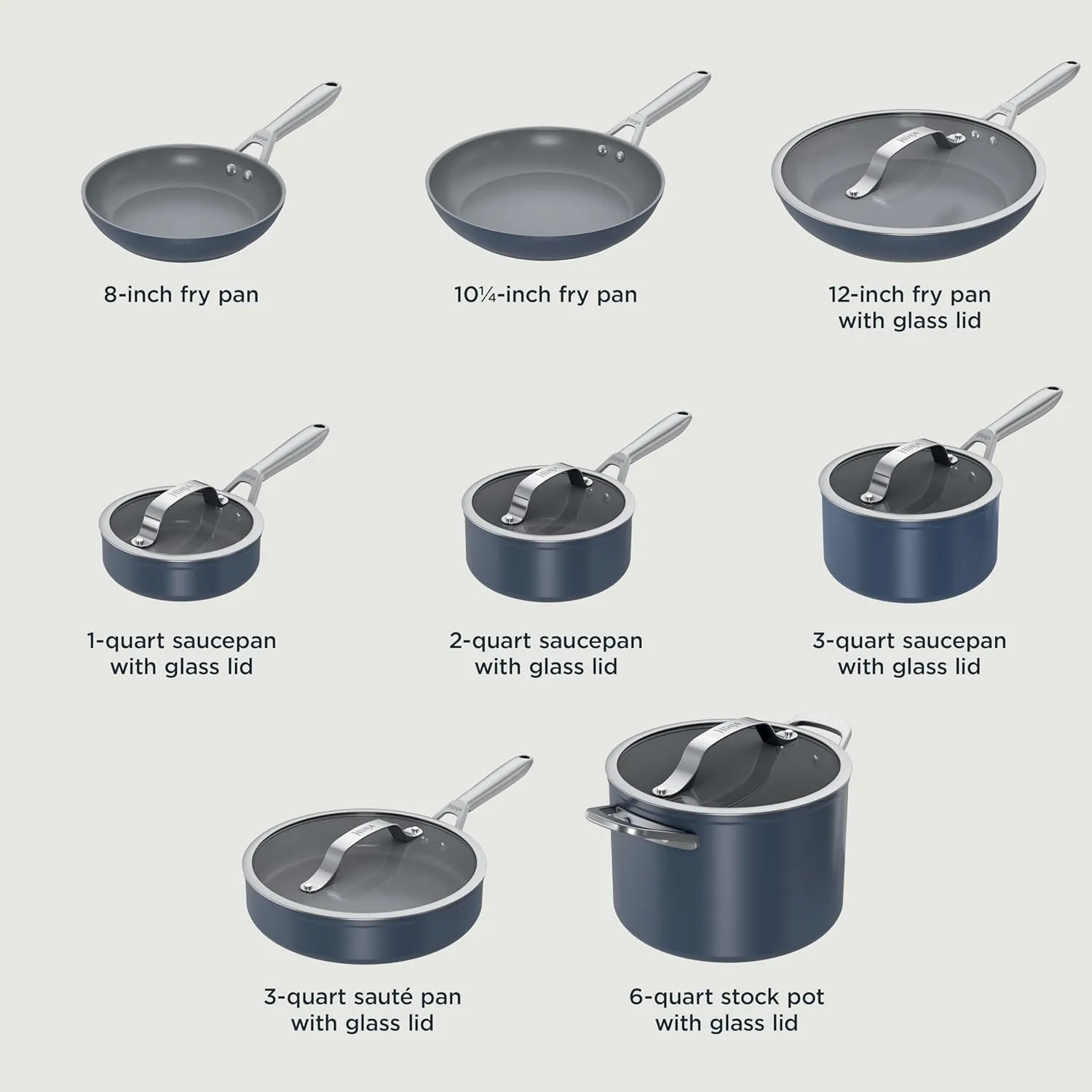 Ninja Ceramic Pro 14-Piece Cookware Set, Non-Stick Pots & Pans Set with Glass Lids, PTFE Free, Ceramic Coated, Oven Safe, All Stovetops & Induction Compatible, Midnight Blue, CW39014MM