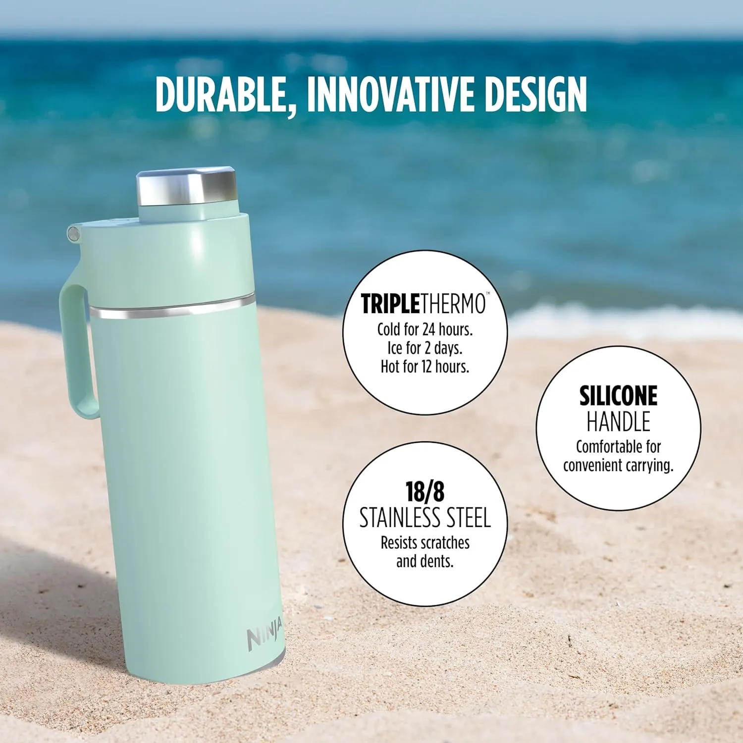 Ninja DW2401MT Thirsti 24oz Travel Water Bottle, For Carbonated Sparkling Drinks, Colder and Fizzier Longer, Leak Proof, 24 Hrs Cold, Dishwasher Safe, Stainless Steel Insulated Tumbler, Seafoam Blue