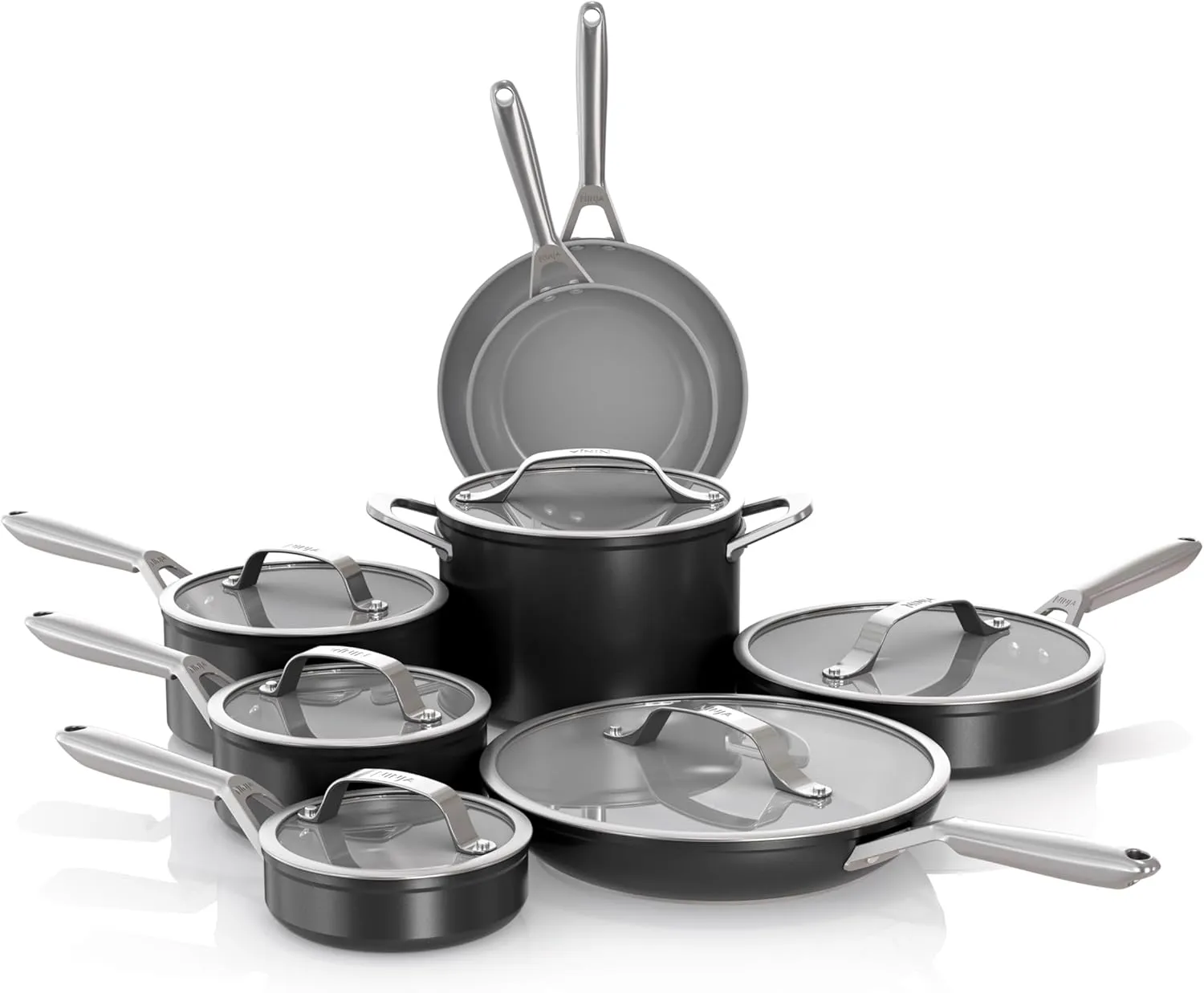 Ninja NeverStick Ceramic Pro 14-Piece Cookware Set, Non-Stick Pots & Pans Set with Glass Lids, Ceramic, Stainless Steel, Stove to Oven Safe, All Stovetops & Induction Compatible, Black, CW39014BK